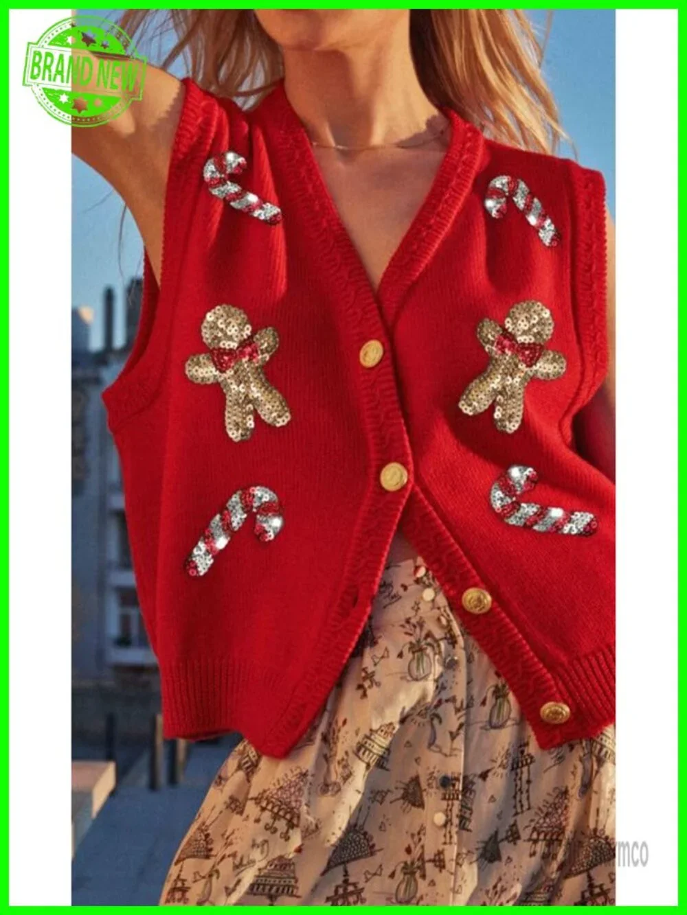 Sequin Gingerbread Man Sleeveless Button Front Knit Vest Women Christmas